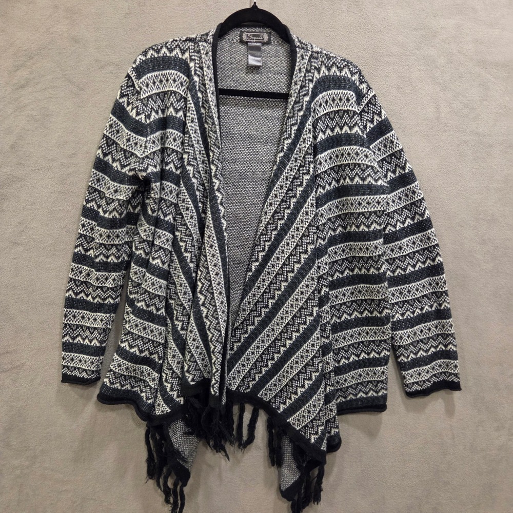Skyline Open Front Fringe‎ Cardigan Sweater Women's Medium Geometric Casual Cozy